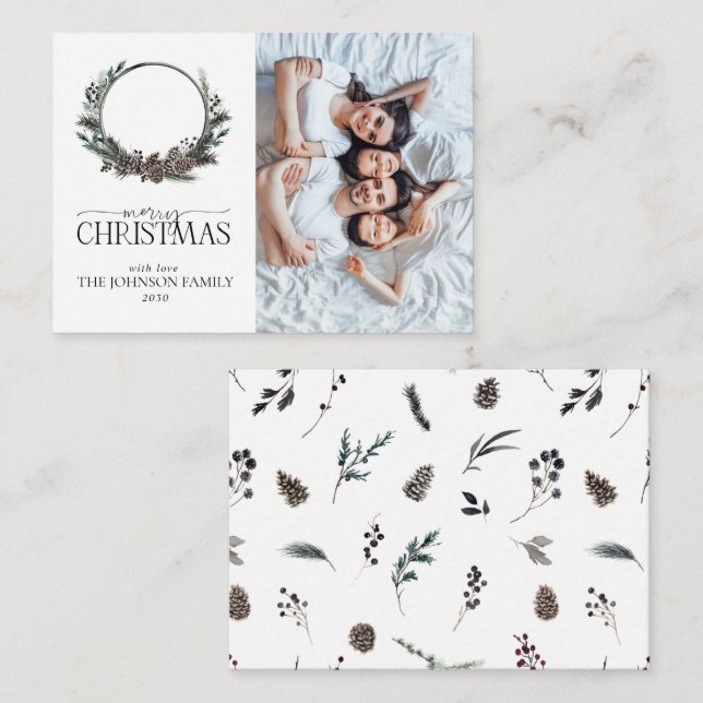 Mini Black Winter Wreath Merry Christmas Photo Note Card (Front/Back)