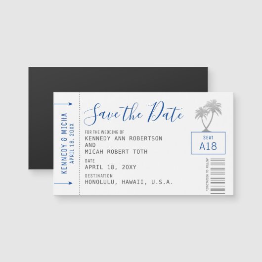 Mini Blue Plane Ticket Beach Save the Date Magnet (Front/Back)