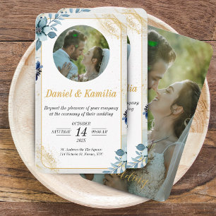 Mini Blue Rustic Floral Wedding Invite With Photo 