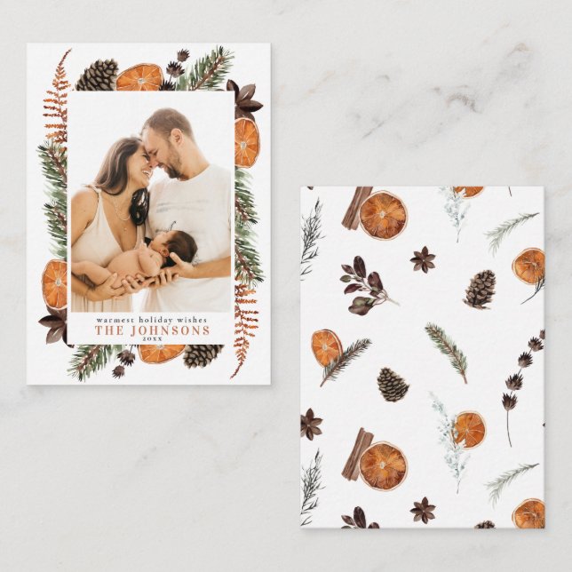 Mini Boho Rustic Orange Photo Christmas Script Note Card (Front/Back)