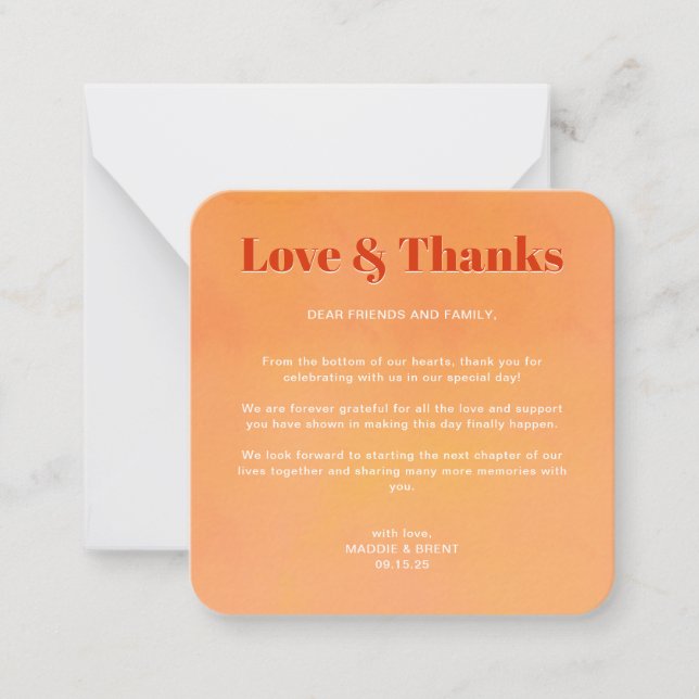 Mini Bold Orange Sunset Monogram Wedding Thank You Note Card (Front)