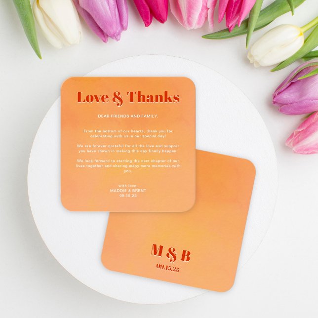Mini Bold Orange Sunset Monogram Wedding Thank You Note Card (Creator Uploaded)