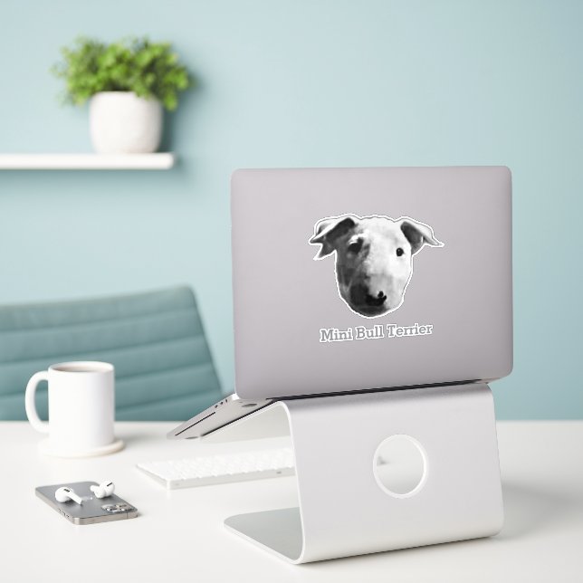 Mini Bull Terrier Sticker (Laptop On Desk)