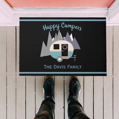 Mini Camper Trailer Blue on Black Doormat