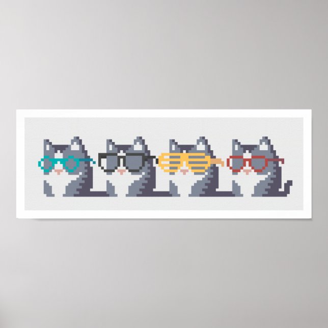 Mini Cats With Glasses Row Pixel Art Poster (Front)