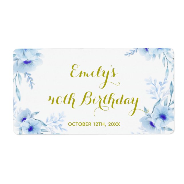 Mini champagne bottle label floral blue gold (Front)