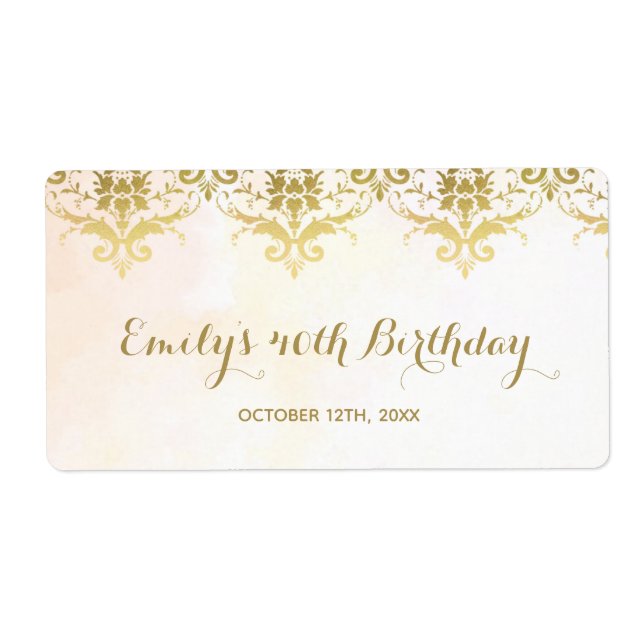 Mini champagne bottle label gold damask birthday (Front)