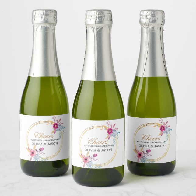 Mini Champagne Bottle Label with Floral Wreath (Bottles)