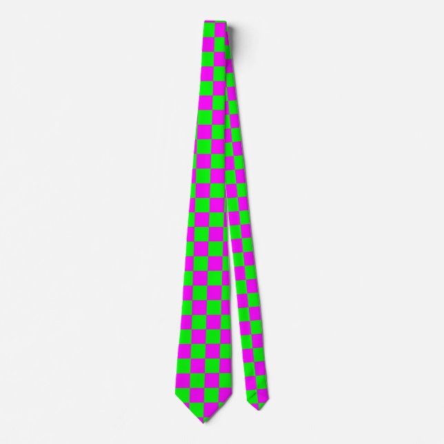 Mini Checkerboard Bright Pink And Lime Green Neck Tie (Front)