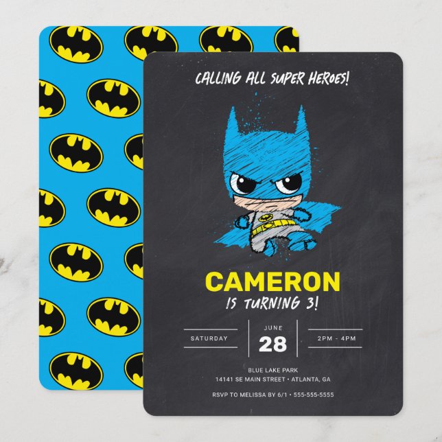 Mini Classic Batman Chalkboard Birthday Invitation (Front/Back)