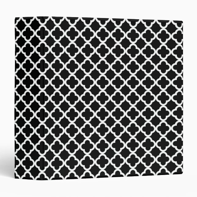 Mini Clover Quatrefoil Pattern Black and White 3 Ring Binder (Front/Spine)