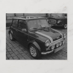 Mini Cooper Vintage car in black & white postcard