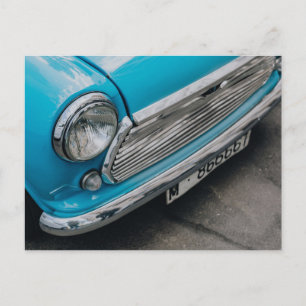 Mini Cooper vintage car light blue postcard
