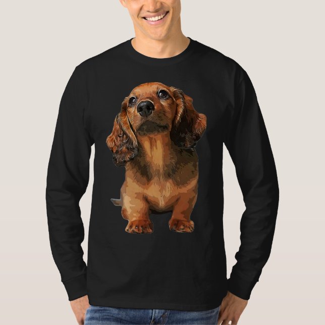 Mini Dachshund Long Haired Shaded Red Puppy Dog T-Shirt (Front)