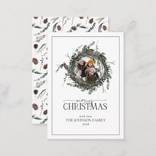 Mini Dusty Watercolor Wreath Merry Christmas Photo Note Card