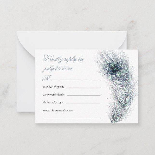 MINI Elegant peacock Feather Teal Wedding RSVP Note Card (Front)