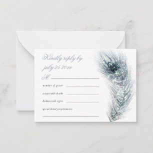 MINI Elegant peacock Feather Teal Wedding RSVP Note Card