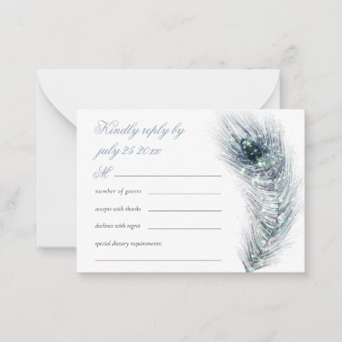 MINI Elegant peacock Feather Teal Wedding RSVP Note Card