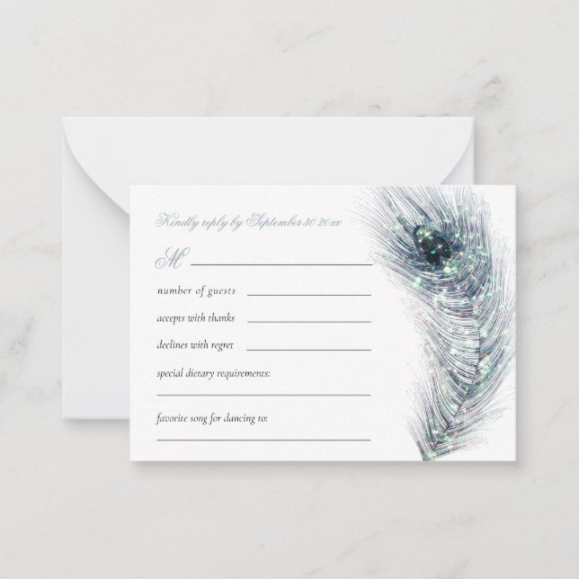 MINI Elegant Peacock Feather Teal Wedding RSVP  Note Card (Front)