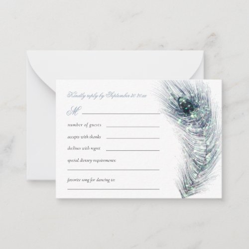 MINI Elegant Peacock Feather Teal Wedding RSVP  Note Card