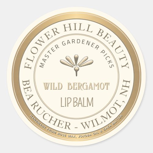 Mini Embossed Flower Lip Balm Metallic Gold Border Classic Round Sticker