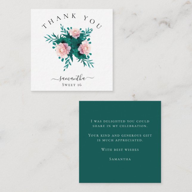 Mini Florals Emerald Pink Thank You Sweet 16 Note Card (Front/Back)