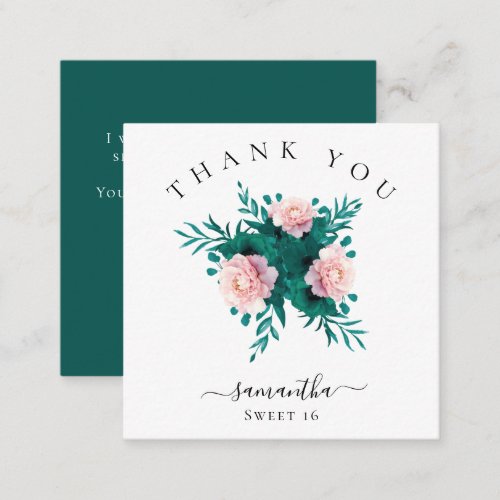 Mini Florals Emerald Pink Thank You Sweet 16 Note Card