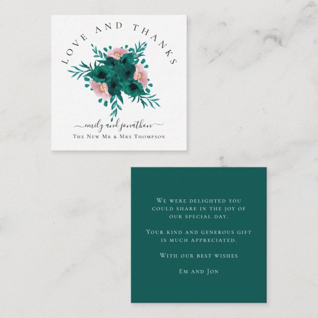 Mini Florals Emerald Pink Thank You Wedding Note Card (Front/Back)