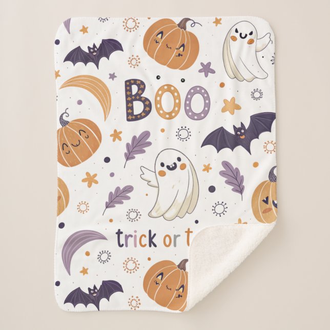 Mini Ghost & Pumpkin Sherpa Blanket – Small Size (Front)