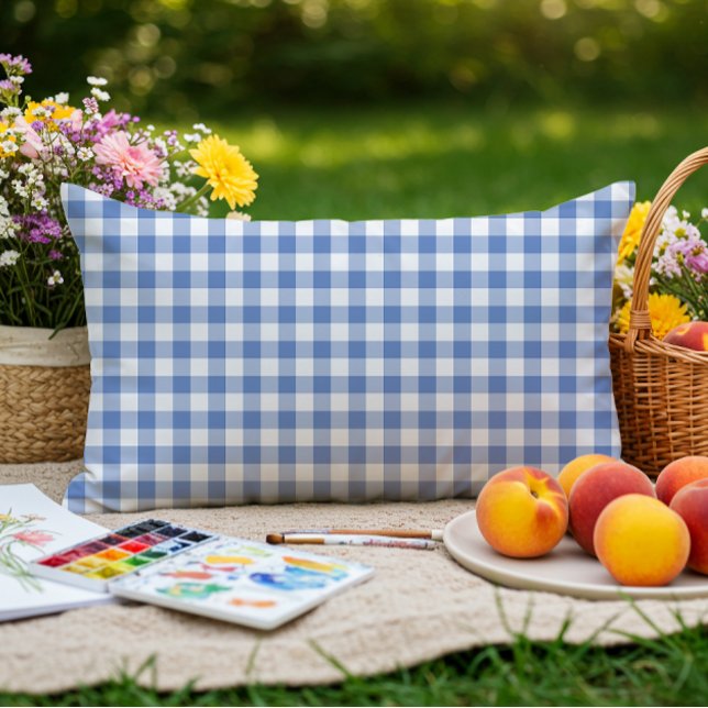 Mini Gingham Check Cornflower Blue Plaid Pattern Lumbar Pillow (Creator Uploaded)