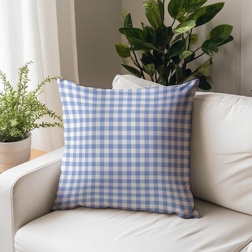 Mini Gingham Check Cornflower Blue Plaid Pattern Throw Pillow