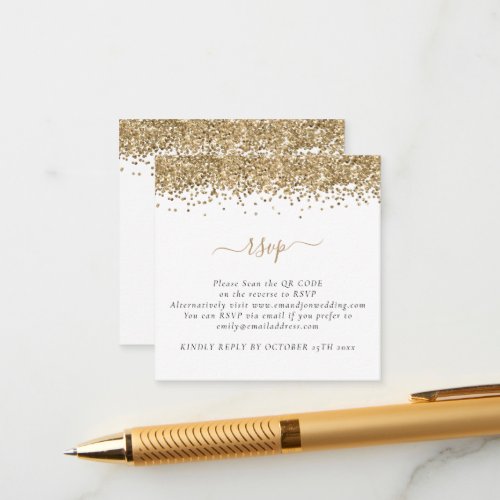 Mini Glam Gold Glitter QR Code Wedding RSVP Enclosure Card
