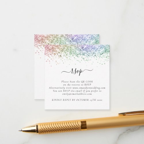 Mini Glam Rainbow Glitter QR Code Wedding RSVP Enclosure Card