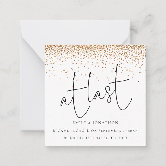 MINI | Gold glitter Confetti At Last Engagement Note Card (Front)