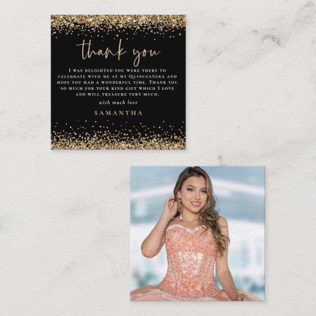MINI Gold Glitter Photo Quinceañera Thanks Black Note Card (Front/Back)