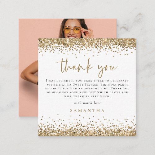 MINI Gold Glitter Photo Sweet Sixteen Thank You Note Card