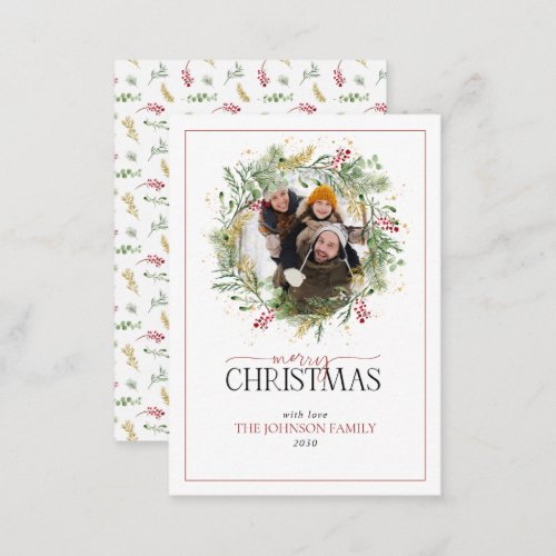 Mini Gold Greenery Wreath Photo Merry Christmas Note Card