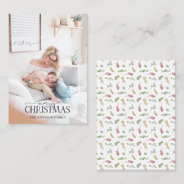 Mini Gold Winter Greenery Merry Christmas Photo Note Card (Front/Back)