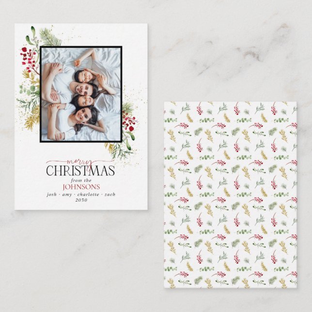 Mini Gold Winter Greenery Merry Christmas Photo Note Card (Front/Back)