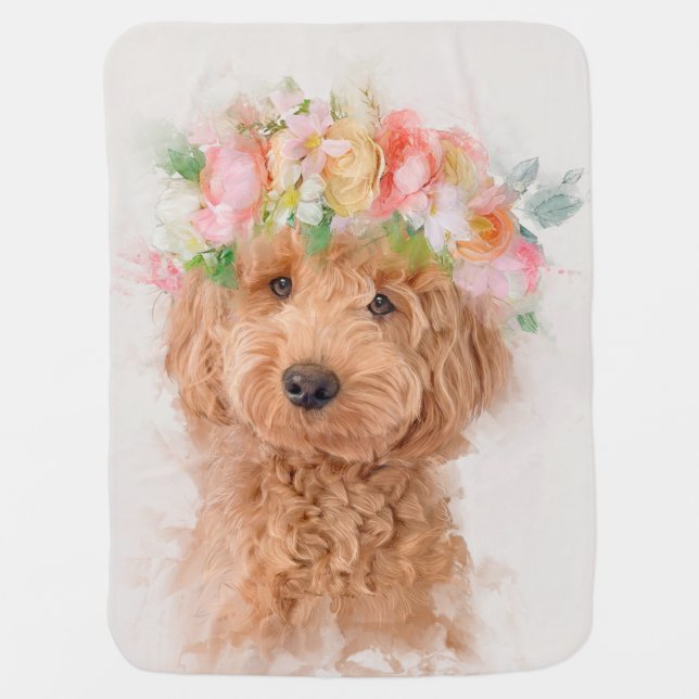 Mini Goldendoodle Dog Flower Crown Portrait Baby Blanket (Front)