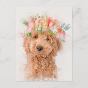 Mini Goldendoodle Dog Flower Crown Portrait Postcard