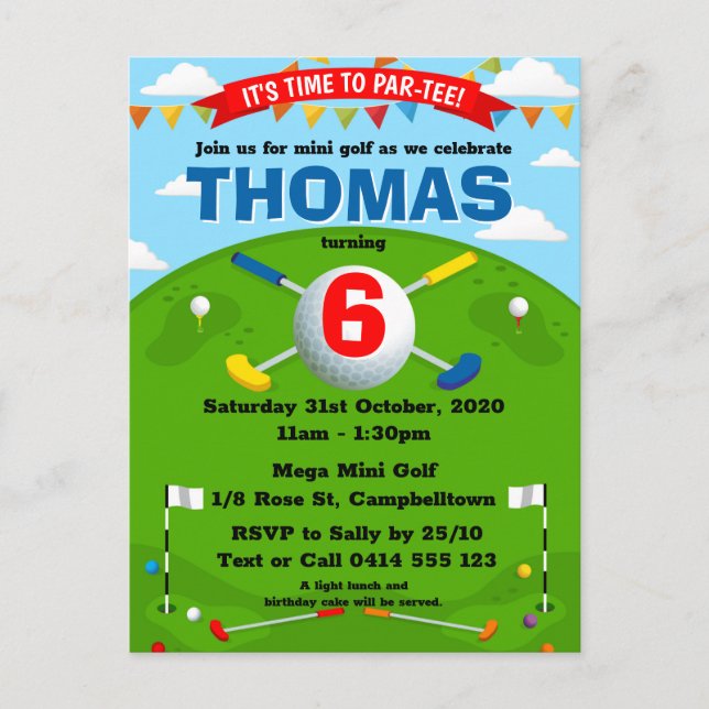 Mini Golf Putt Putt Boys Birthday Party Invitation Postcard (Front)