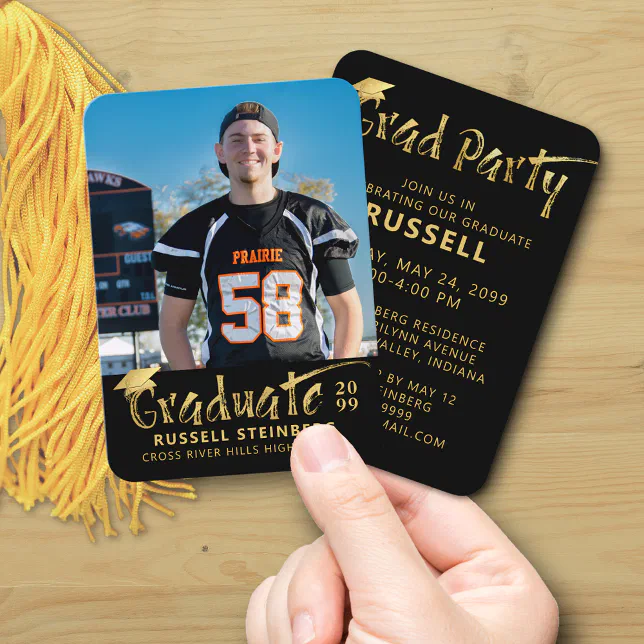 Mini Graduation Party Photo Black Gold Invitation | Zazzle