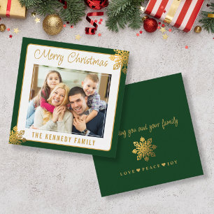 Mini Green Border Gold Snowflake Christmas Photo Note Card