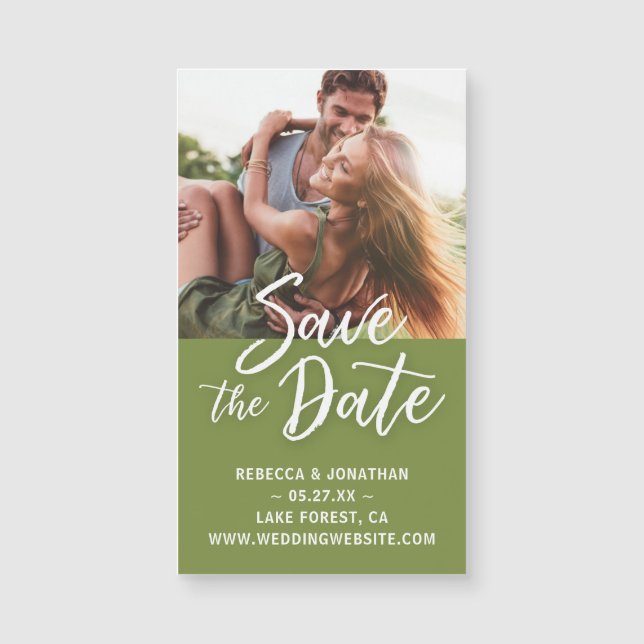 Mini Green Photo Save the Date Invitations Magnet (Front)
