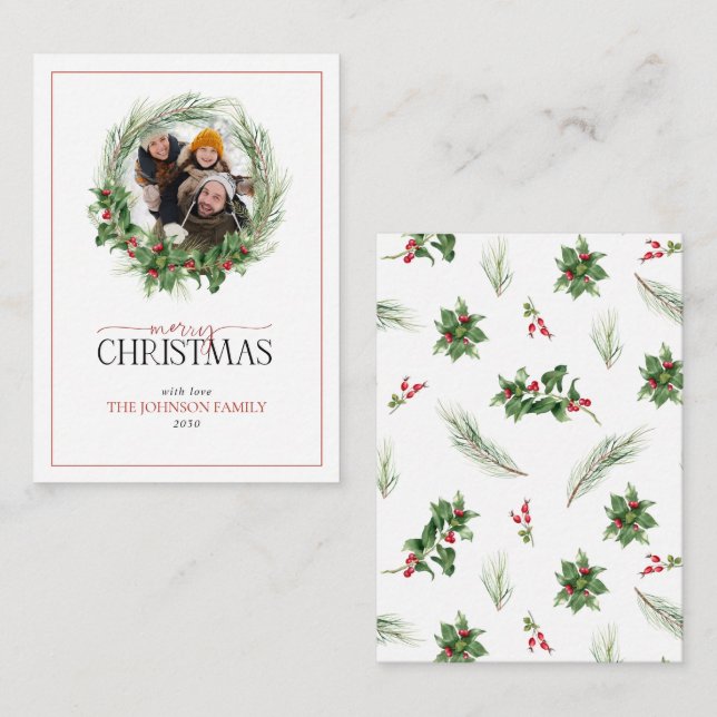 Mini Holly Berry Wreath Merry Christmas Photo Note Card (Front/Back)