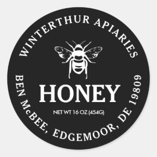 Mini Honey Jar Lid Label with Bee on Black