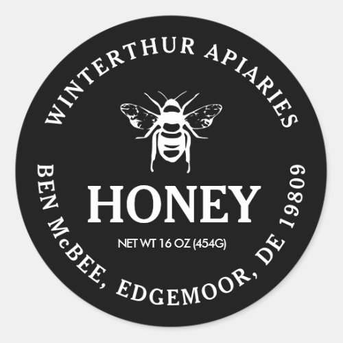 Mini Honey Jar Lid Label with Bee on Black