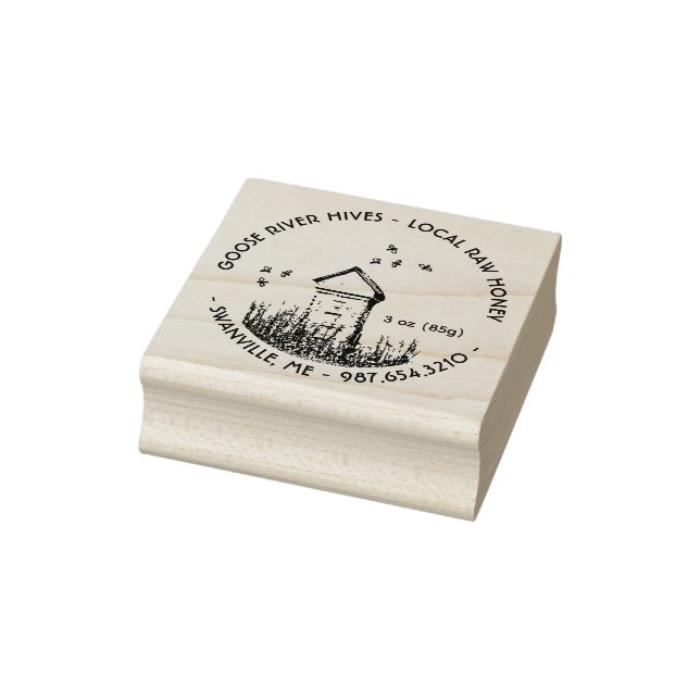 Mini Honey Label Rubber Stamp with Hive and Bees (Stamp)