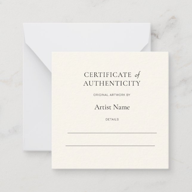 Mini Ivory Certificate of Authenticity for Art  Note Card (Front)
